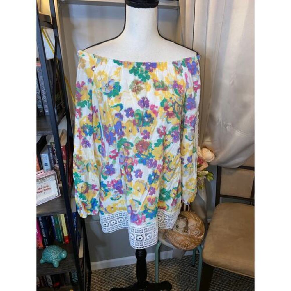 Hope & Harlow Womens Medium Floral Off Shoulder Top Lace Trim GUC White